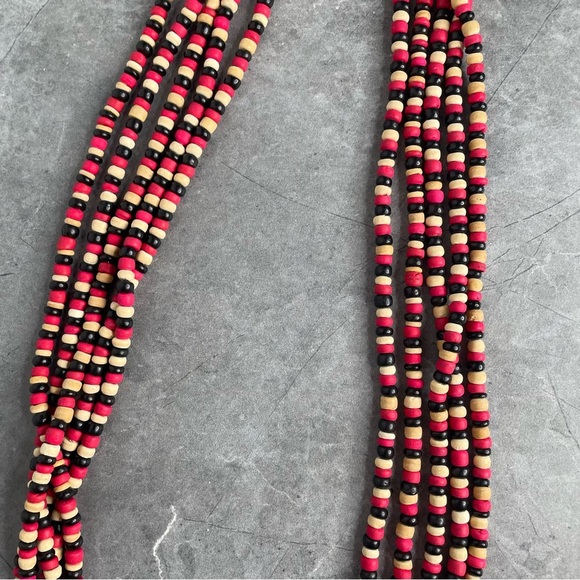 Vintage 1980's Wooden Beaded Necklace Black, Cream,‎ Red Five Strands - Picture 9 of 12